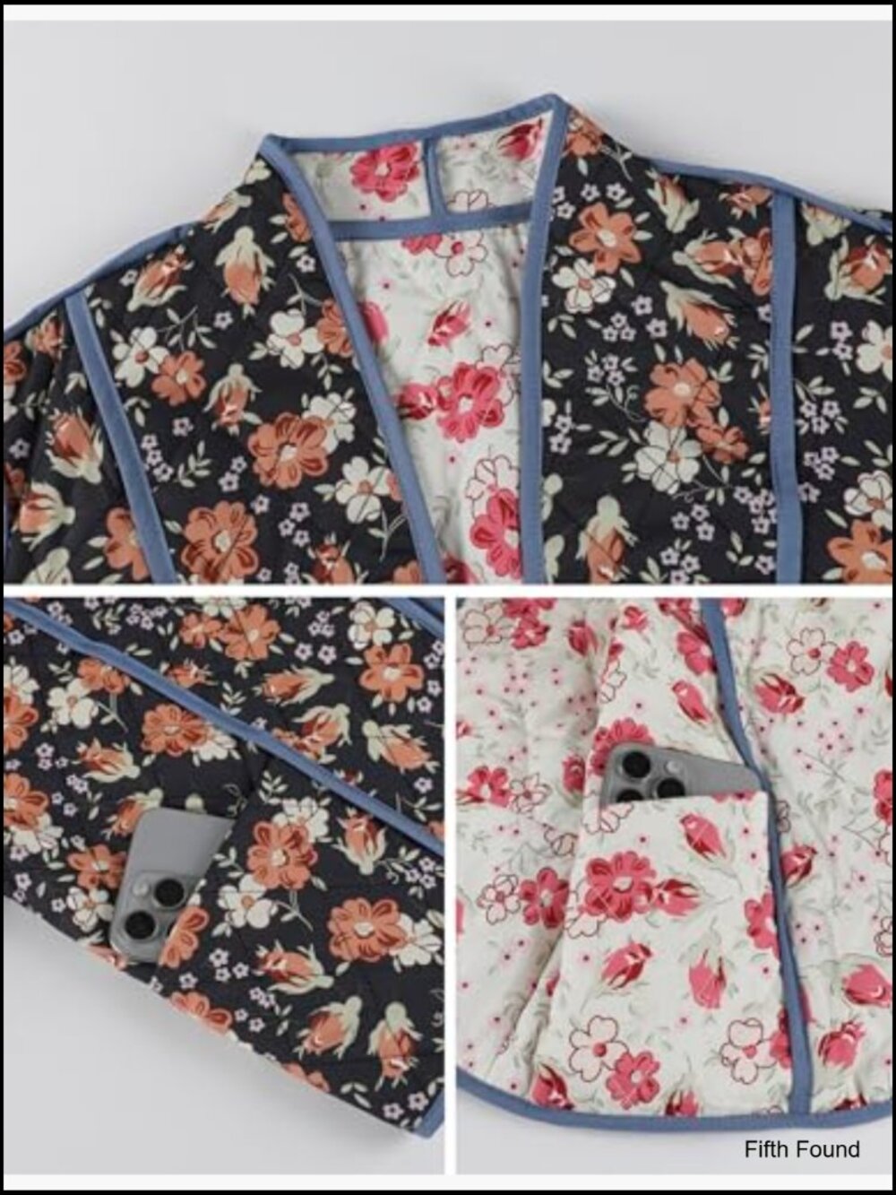 Women's Cropped Quilted Reversible Lightweight Puffer Jacket Floral Printed - Picture 4 of 6